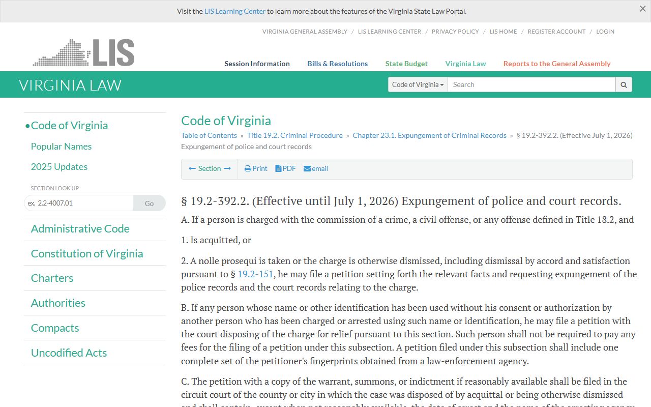 Virginia Code Section 19.2-392.2 expungement of arrest records and busted mugshots