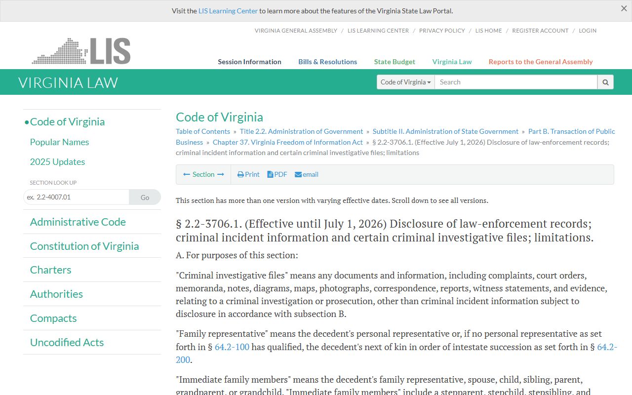 Virginia Code Section 2.2-3706.1 FOIA criminal investigative files access