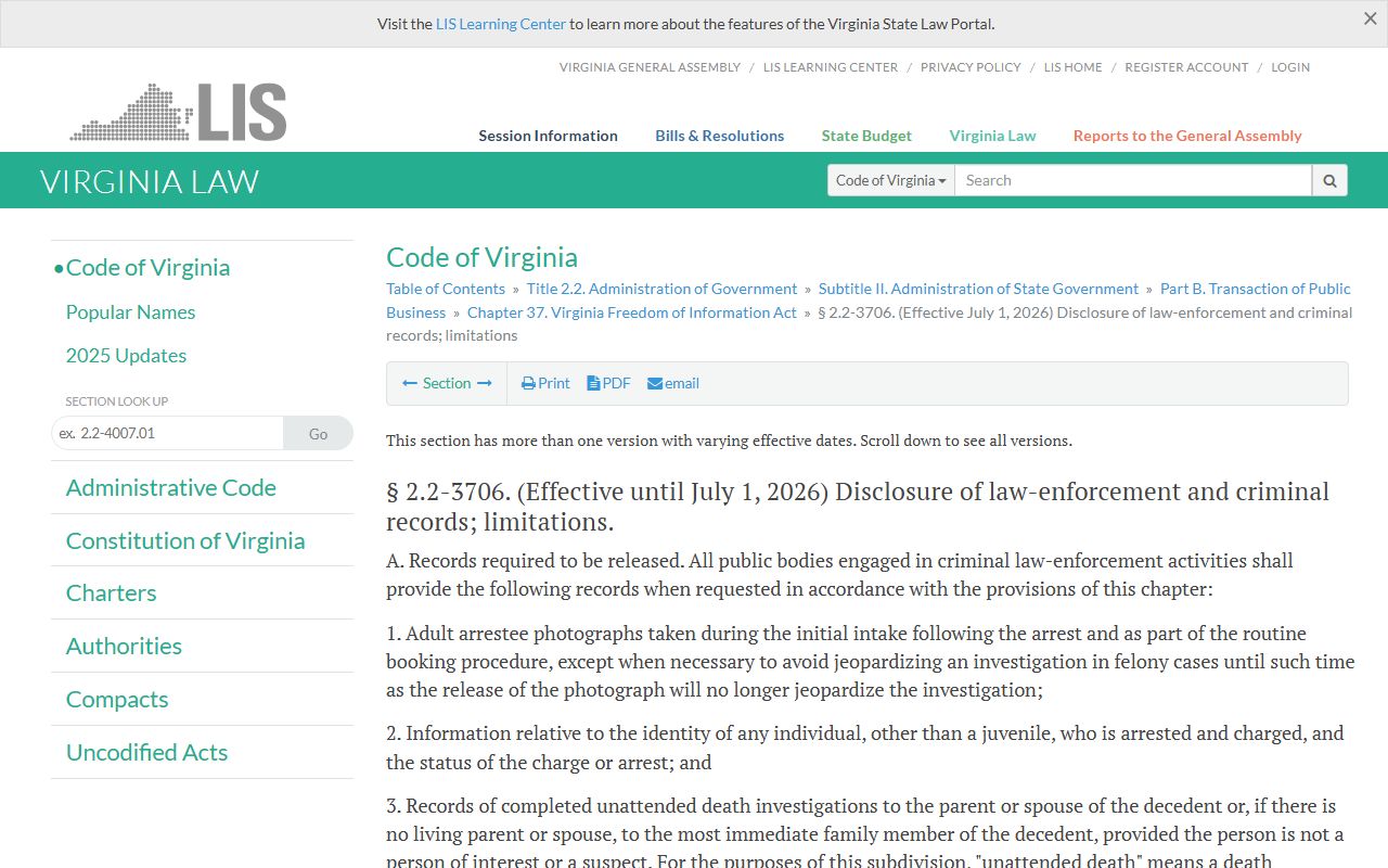 Virginia Code Section 2.2-3706 on criminal records and busted mugshots disclosure