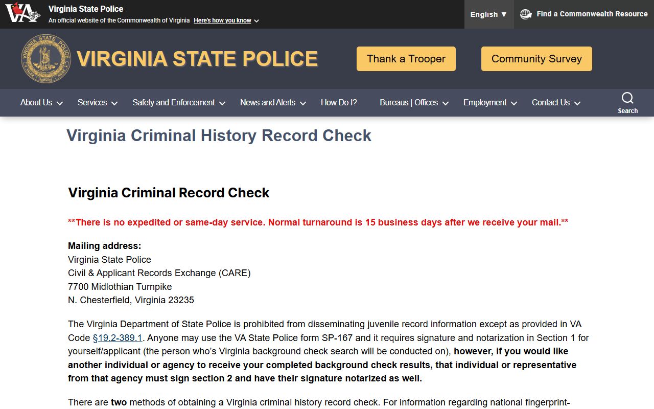 Virginia State Police criminal background check portal for busted mugshots and arrest records