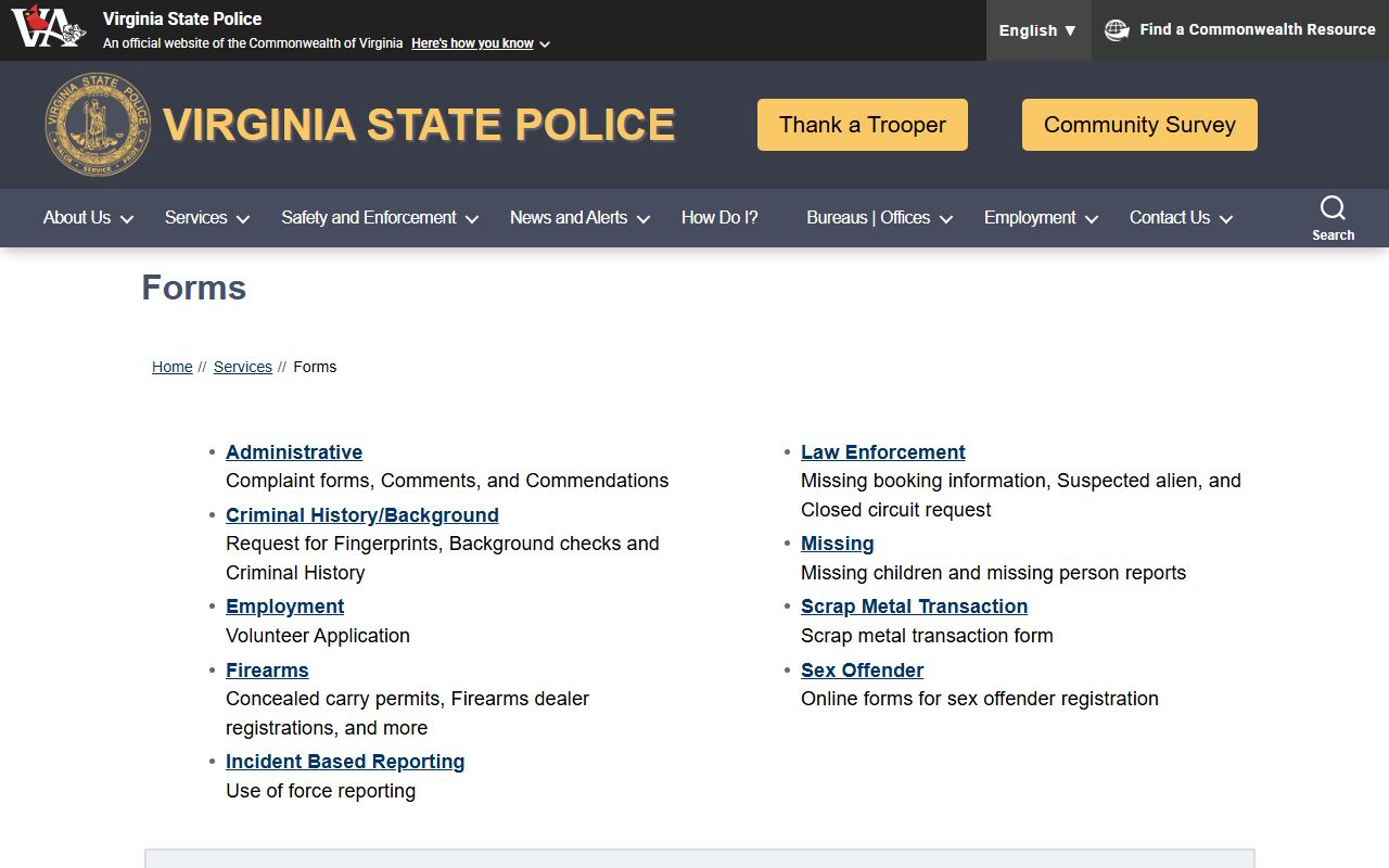 Virginia State Police forms page for criminal history and mugshot records requests